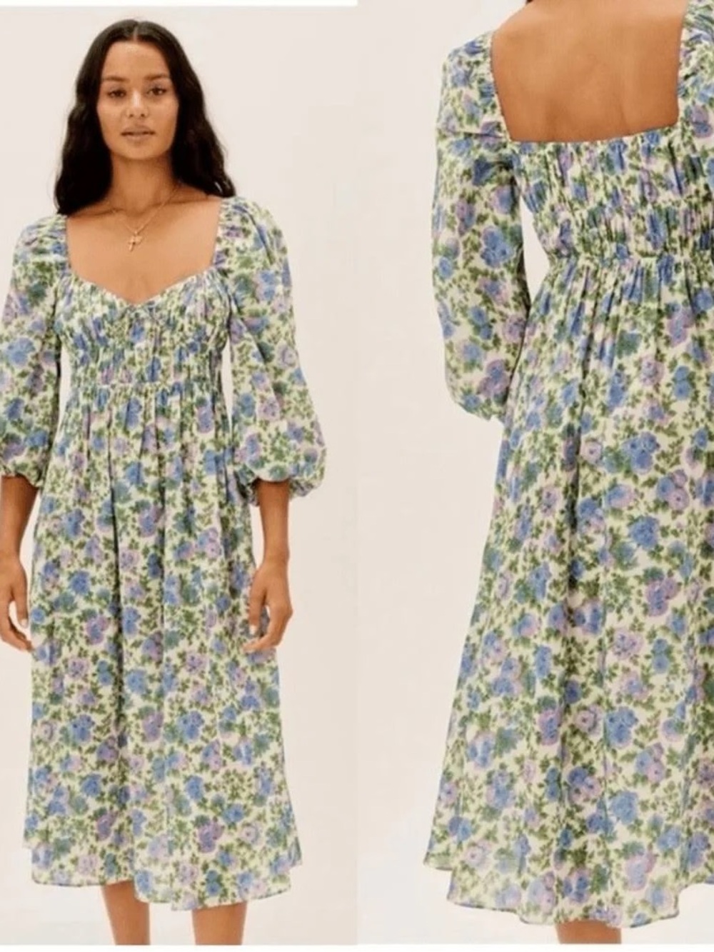 For Love & Lemons Blue, Green & Lavender Floral Puff-Sleeve Midi Dress